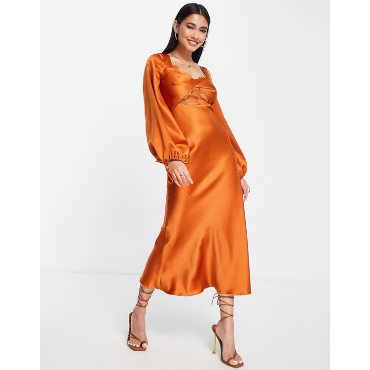 ASOS DESIGN satin long sleeve maxi dress with drawstring back in olive