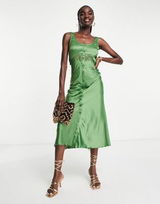 ASOS DESIGN bias satin midi dress with delicate lace detail and button through detail in olive