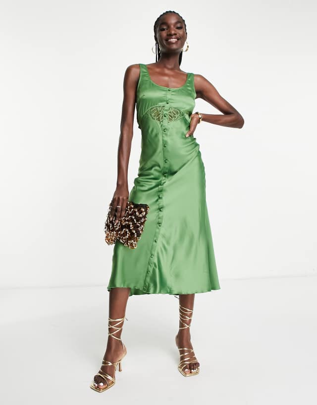 ASOS DESIGN bias satin midi dress with delicate lace detail and button through detail in olive