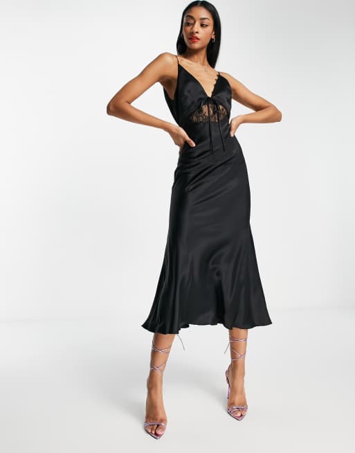 ASOS DESIGN bias satin midi slip dress with delicate lace detail and tie  front in black