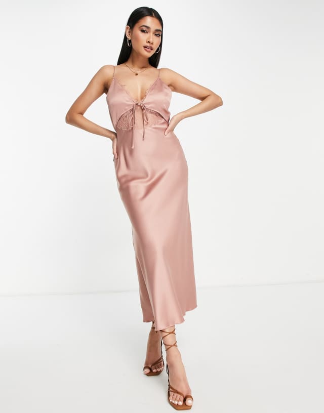 ASOS DESIGN bias satin slip midi dress with delicate lace detail and tie front in blush