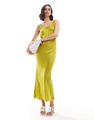 ASOS DESIGN bias slip midi dress with rib neck in chartruese-Green