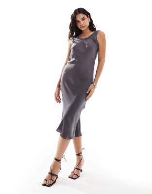 Asos Design Bias Slip Midi Dress With Rib Neck In Silver Gray