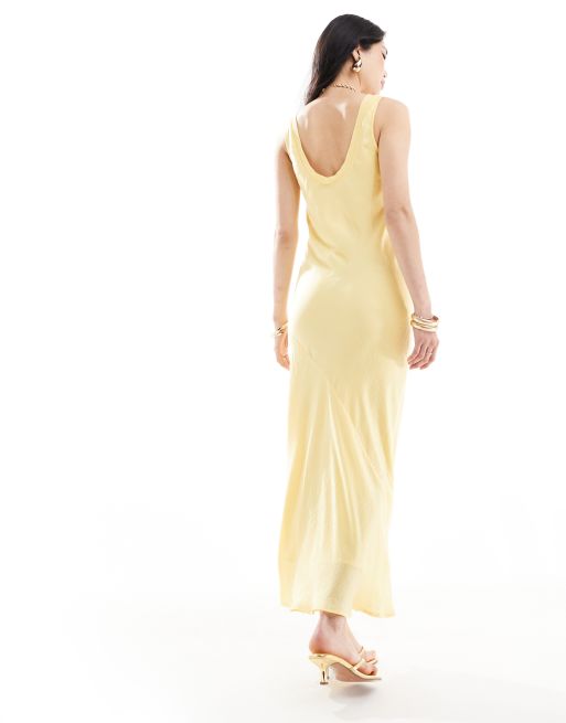ASOS DESIGN bias slip midi dress with rib neck in soft yellow, 2 of 4