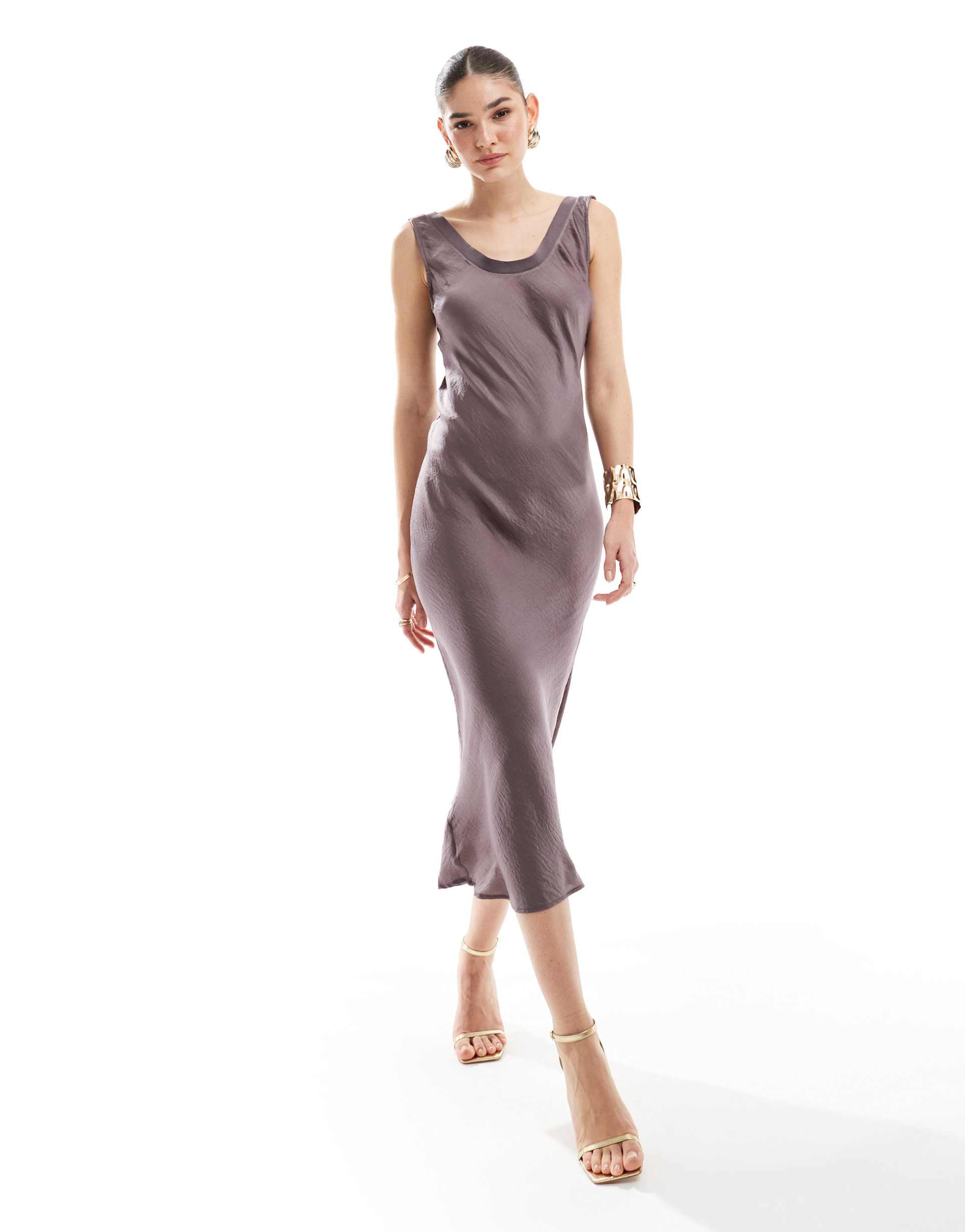 asos design bias slip midi dress with ribbed neck in mauve