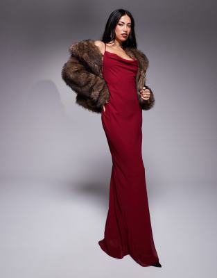 asos design bias strappy cross back maxi in burgundy