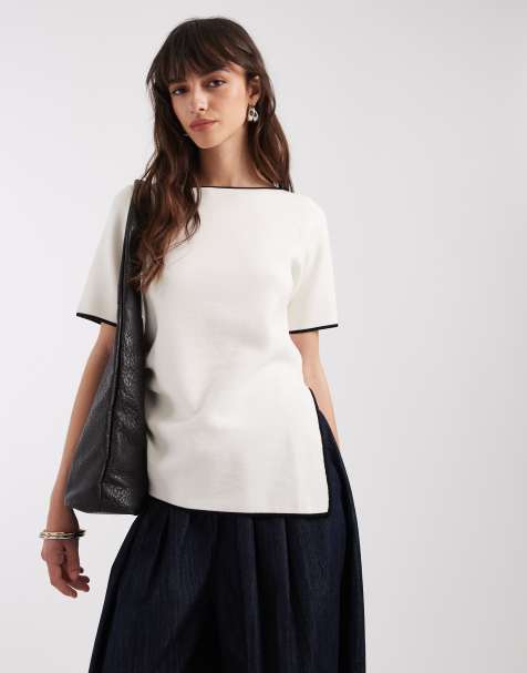 ASOS DESIGN – Biały, asymetryczny T-shirt z marszczeniem z boku i czarną lamówką - view 1