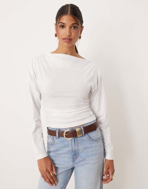 ASOS DESIGN off shoulder cinched waist long sleeve asymemetric top in white
