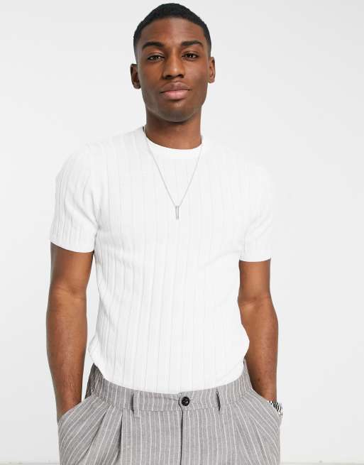 ASOS DESIGN – Biały dopasowany T-shirt w prążki z dzianiny