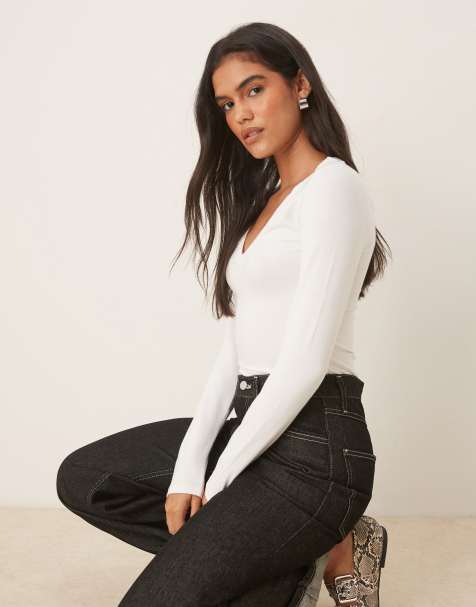 ASOS DESIGN basic long sleeve v neck fitted top in white
