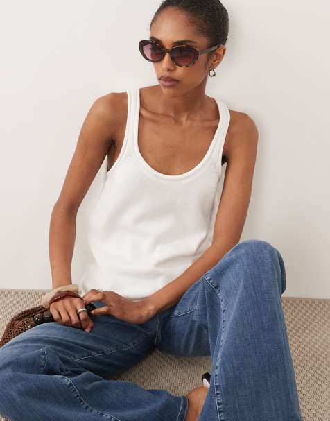 ASOS DESIGN – Biały dzianinowy top na ramiączkach z dekoltem w kształcie litery U z mieszanki bawełny - view 1