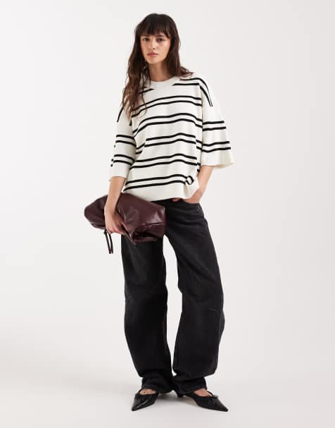 ASOS DESIGN – Biały dzianinowy usztywniany T-shirt oversize w paski - view 1