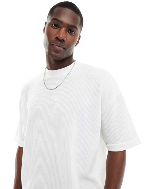 ASOS DESIGN – Biały fakturowany T-shirt o pudełkowym kroju oversize z podwijanymi rękawami