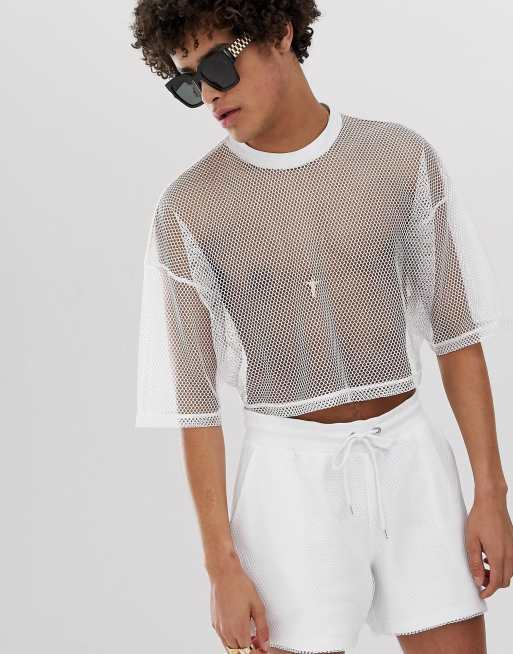ASOS DESIGN — Biały zestaw dresowy o krótkim fasonie typu oversize ze wstawkami z siateczki, 3 z 4