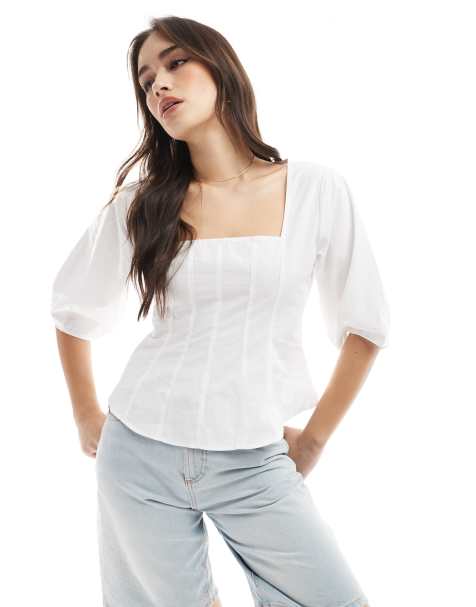 ASOS DESIGN – Biały gorsetowy top z kwadratowym dekoltem i ozdobnymi szwami - view 1