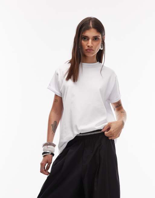 ASOS DESIGN – Biały gruby T-shirt bawełniany o męskim kroju z wywiniętymi rękawami w stylu lat 80.