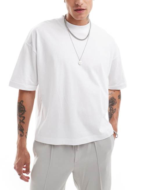 ASOS DESIGN – Biały, gruby T-shirt o pudełkowym kroju oversize, z zabudowanym dekoltem