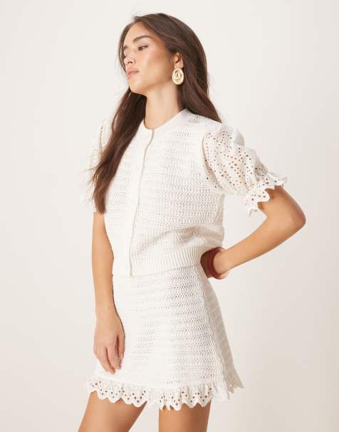 ASOS DESIGN stitch interest cardigan with woven sleeve co-ord in white