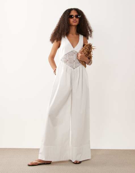 ASOS DESIGN – Biały kombinezon z szydełkowaną wstawką w talii - view 1