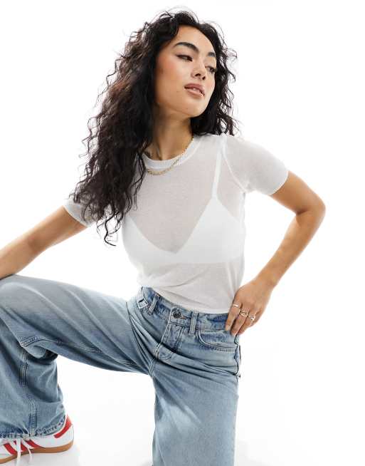 ASOS DESIGN – Biały krótki i obcisły T-shirt z prześwitującej dzianiny