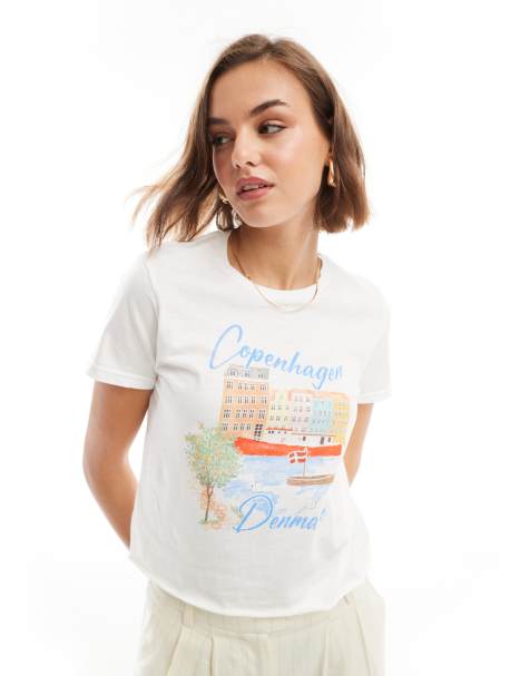 ASOS DESIGN – Biały krótki T-shirt z grafiką z motywem Kopenhagi - view 1