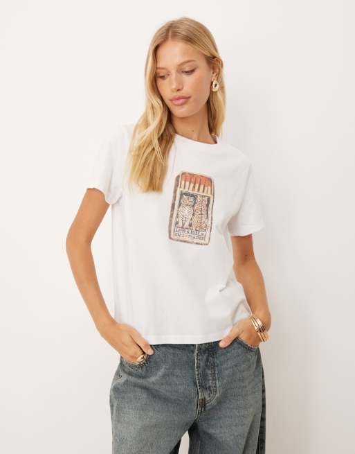 ASOS DESIGN – Biały luźny T-shirt o krótkim fasonie z grafiką pudełka zapałek z motywem tygrysa