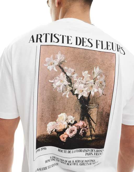 ASOS DESIGN – Biały luźny T-shirt z nadrukiem z motywem kwiatów na plecach