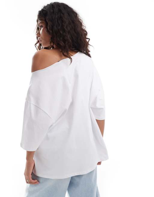 ASOS DESIGN – Biały luźny T-shirt z odsłoniętymi ramionami, 2 z 4