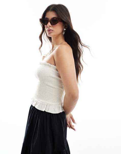 ASOS DESIGN shirred bandeau top in linen blend in white