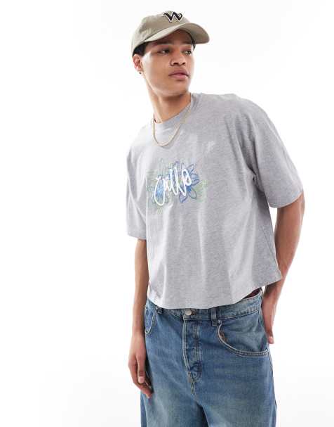 ASOS DESIGN cropped oversized t-shirt with floral embroidery and puff text in white marl