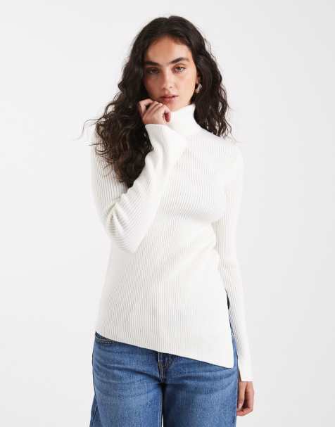 ASOS DESIGN ribbed knitted high neck top in white
