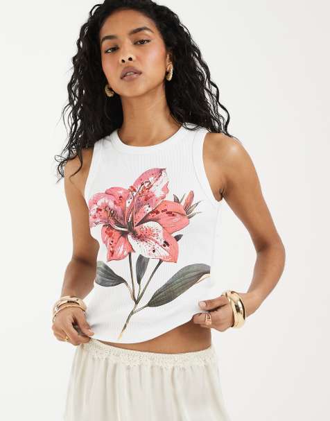 ASOS DESIGN – Biały prążkowany podkoszulek ze zdobioną grafiką z kwiatem - view 1