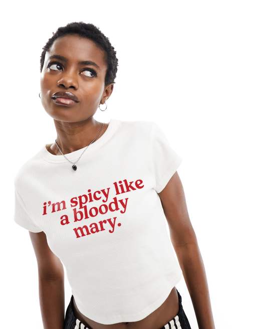 ASOS DESIGN – Biały prążkowany T-shirt o przylegającym kroju z grafiką z napisem z motywem Bloody Mary