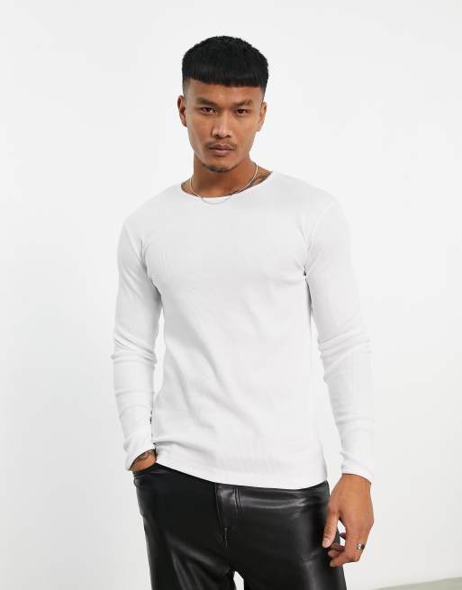 ASOS DESIGN – Biały prążkowany T-shirt z długimi rękawami o kroju podkreślającym sylwetkę