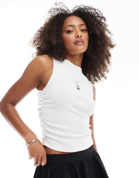 ASOS DESING ribbed tank with ruched side detail in white
