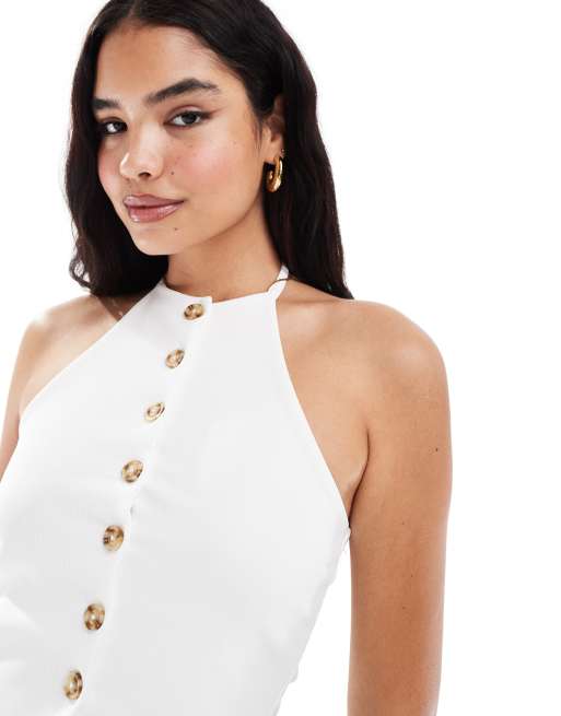 ASOS DESIGN – Biały prążkowany top o kroju kamizelki z zapięciem na guziki i dekoltem halter