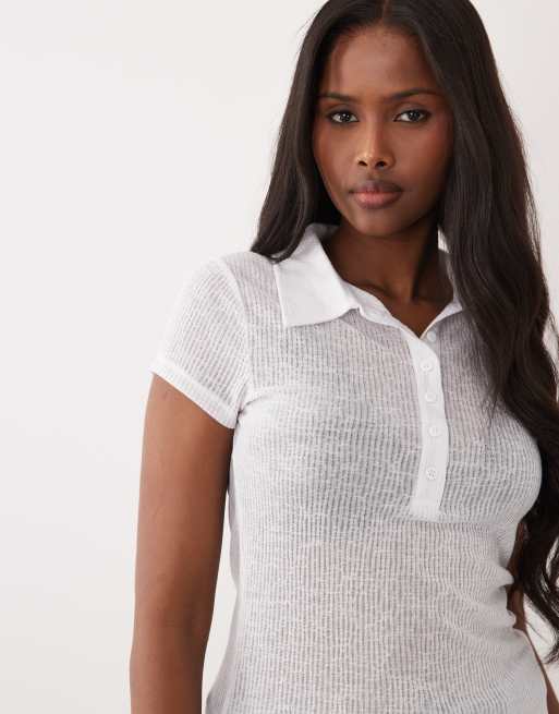 ASOS DESIGN – Biały prześwitujący top z długimi rękawami i kołnierzykiem, 3 z 4
