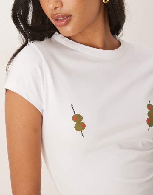 ASOS DESIGN – Biały przylegający T-shirt z grafiką oliwek, 2 z 4
