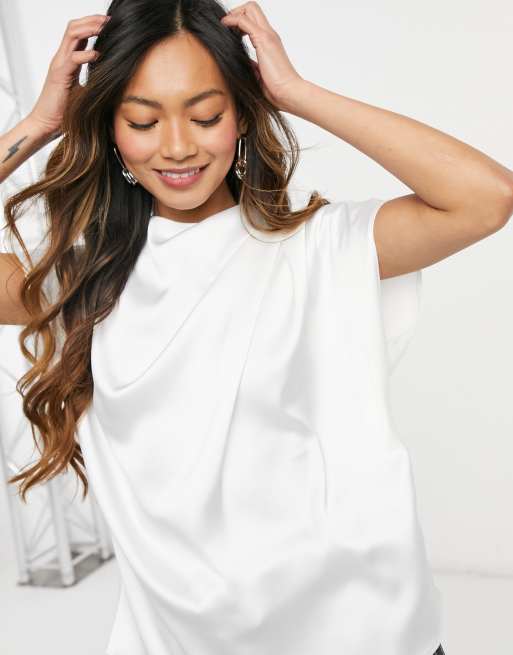 ASOS DESIGN – Biały satynowy top z drapowanym dekoltem, 2 z 4