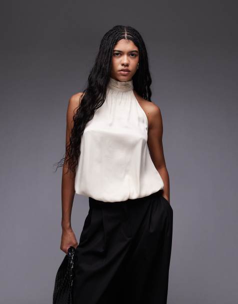 ASOS DESIGN satin high neck bubble hem top in ecru