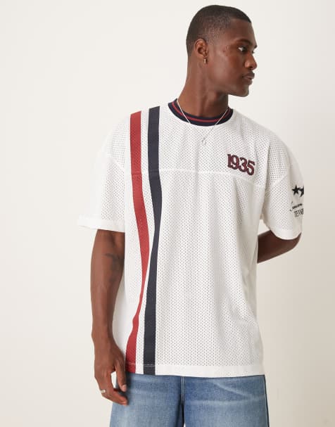 ASOS DESIGN – Biały siateczkowy T-shirt oversize z obniżoną linią ramion i grafiką sportową - view 1