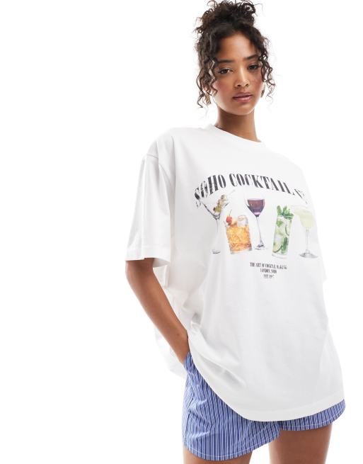 ASOS DESIGN – Biały T-shirt o fasonie boyfriend z grafiką z napisem Soho Coctail Club