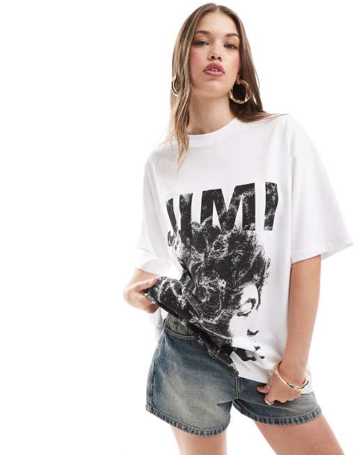 ASOS DESIGN – Biały T-shirt o fasonie boyfriend z licencjonowaną grafiką z motywem Jimiego Hendrixa