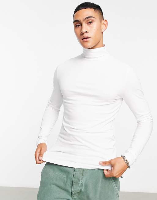 ASOS DESIGN – Biały T-shirt o kroju podkreślającym sylwetkę z golfem i długim rękawem