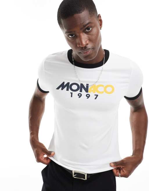 ASOS DESIGN – Biały T-shirt o kroju podkreślającym sylwetkę, z lamówką i napisem „Monaco