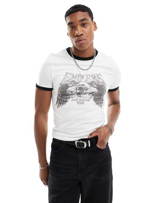 ASOS DESIGN – Biały T-shirt o kroju podkreślającym sylwetkę z lamówkami i nadrukiem w stylu grunge z przodu