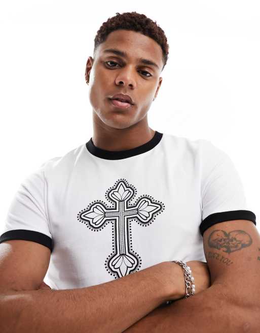 ASOS DESIGN – Biały T-shirt o kroju podkreślającym sylwetkę z lamówkami i nadrukiem z motywem krzyża z przodu