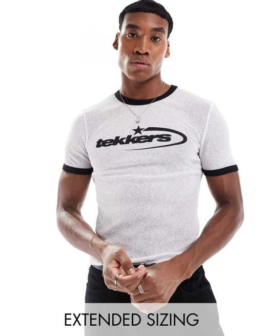 ASOS DESIGN – Biały T-shirt o kroju podkreślającym sylwetkę z nadrukiem na piersi i lamówką