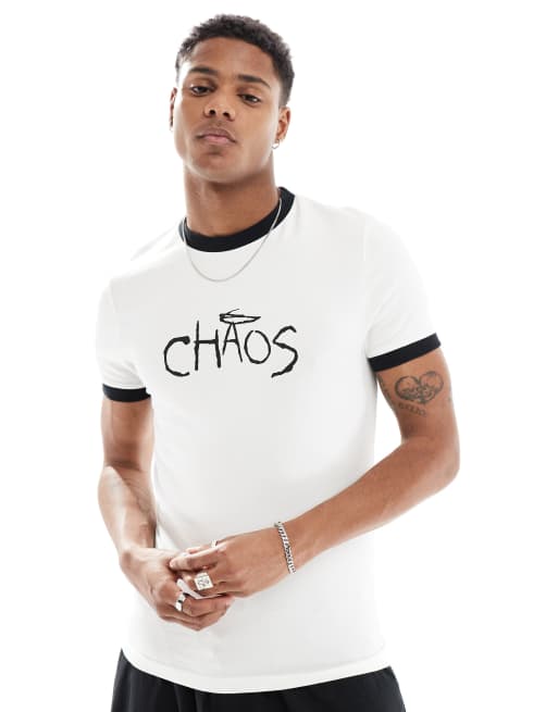 ASOS DESIGN – Biały T-shirt o kroju podkreślającym sylwetkę z nadrukiem tekstowym na piersi i lamówką