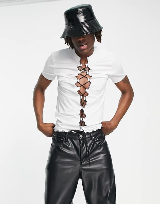 ASOS DESIGN – Biały T-shirt o kroju podkreślającym sylwetkę z wycięciem i sznurowaniem 